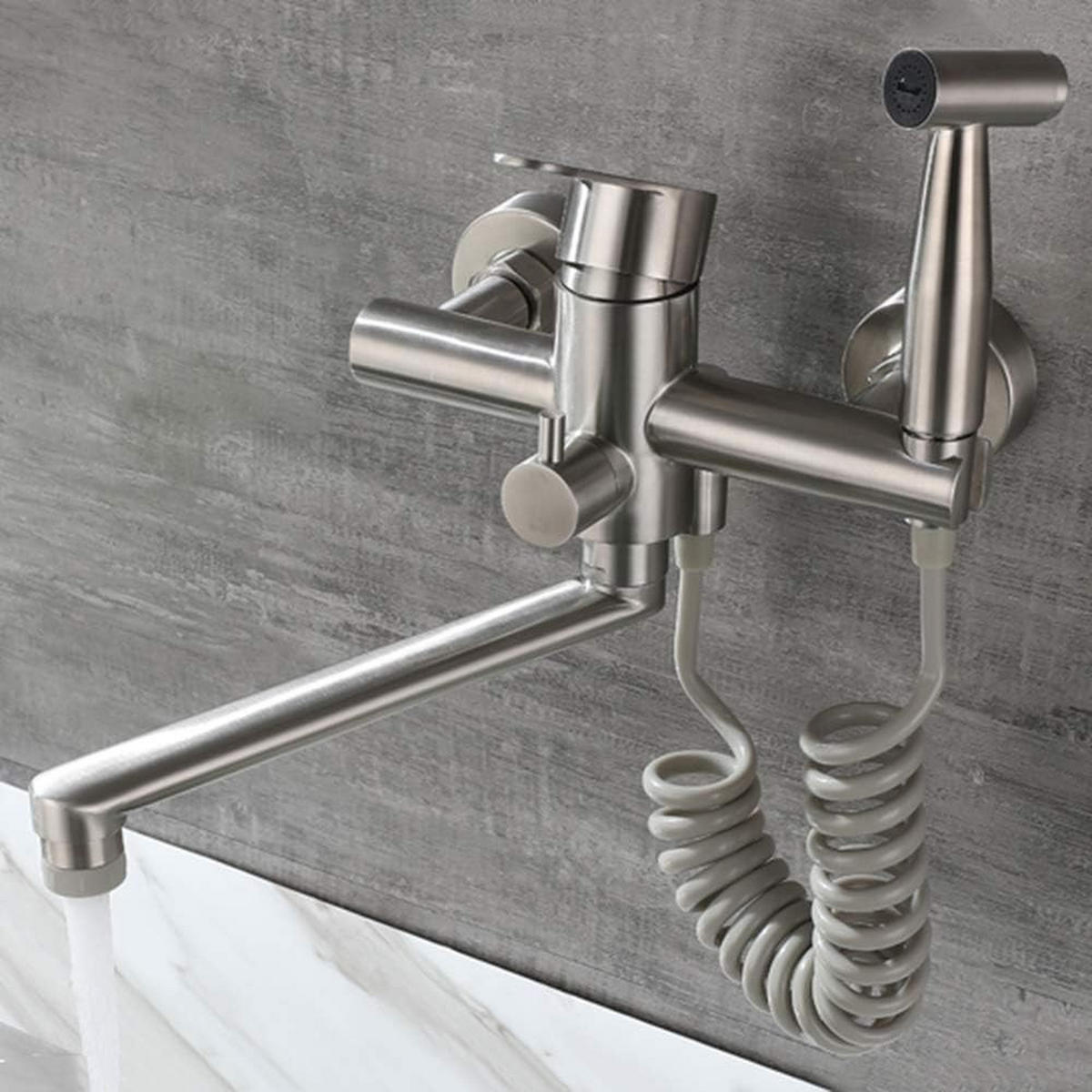 KÜCHENARMATUR, 360° drehbar, 2 Strahlarten, aus lebensmittelechtem 304 Edelstahl, gebürstetes Nickel - Silberfarben, Metall (21.5/22/28cm) - TVTIUO