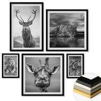 WANDBILDER 5er-Set - 50x50 cm & 20x30 cm & 40x60 cm Schwarzer Rahmen - Wildtiere Löwe Jaguar Giraffe Zebras - Schwarz, Kunststoff (40/60cm) - ArtPrintCave