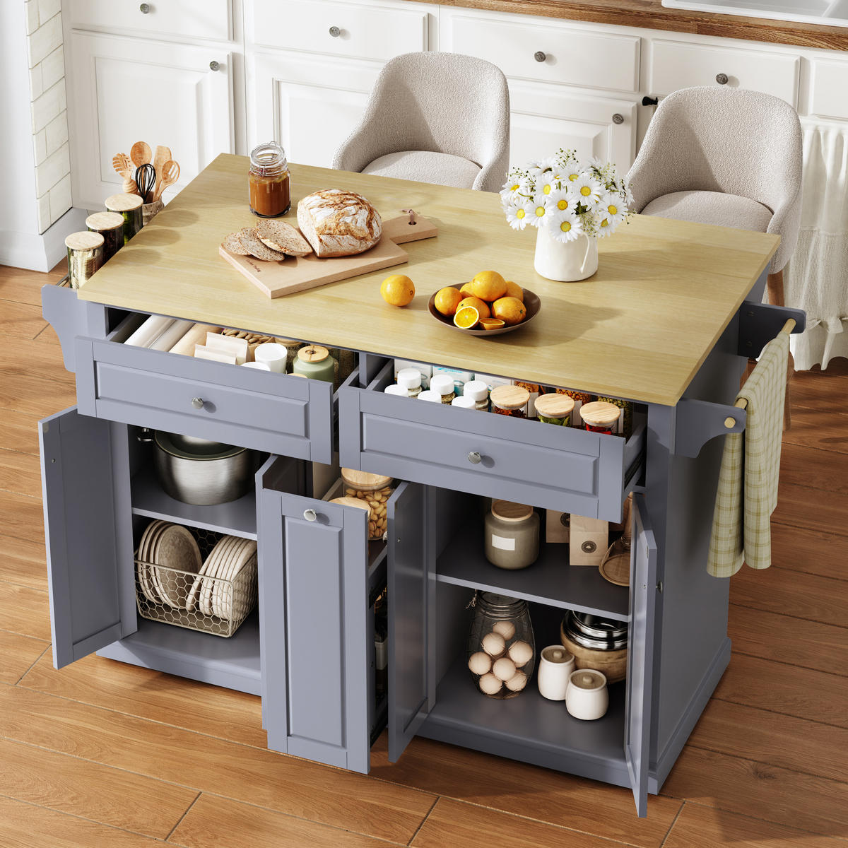 KÜCHENINSEL 89 cm MDF Natur Grau mit Klappbarer Arbeitsplatte und Gewürzregal - Grau, Holzwerkstoff (69/89/121cm) - Korfee