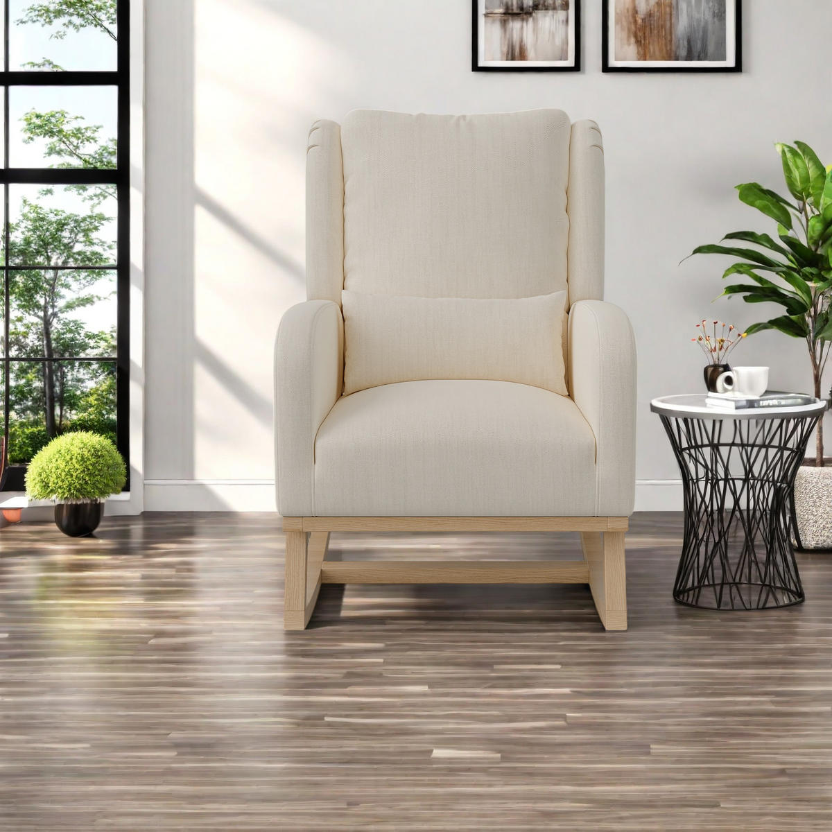 SCHAUKELSTUHL beige leinen-baumwolle seitentaschen gepolstert - Beige, Holzwerkstoff (68/96/93cm) - SHOPENTRA