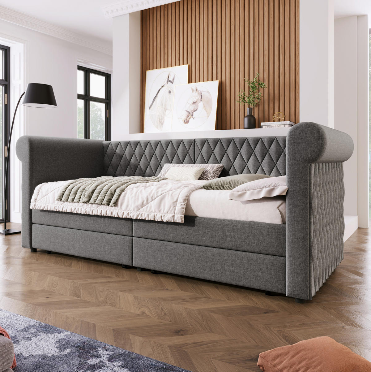 POLSTERBETT 90/200 cm mit 2 Schubladen & gestepptem Leinenbezug, Grau - Grau, Textil (90/200cm) - Redom