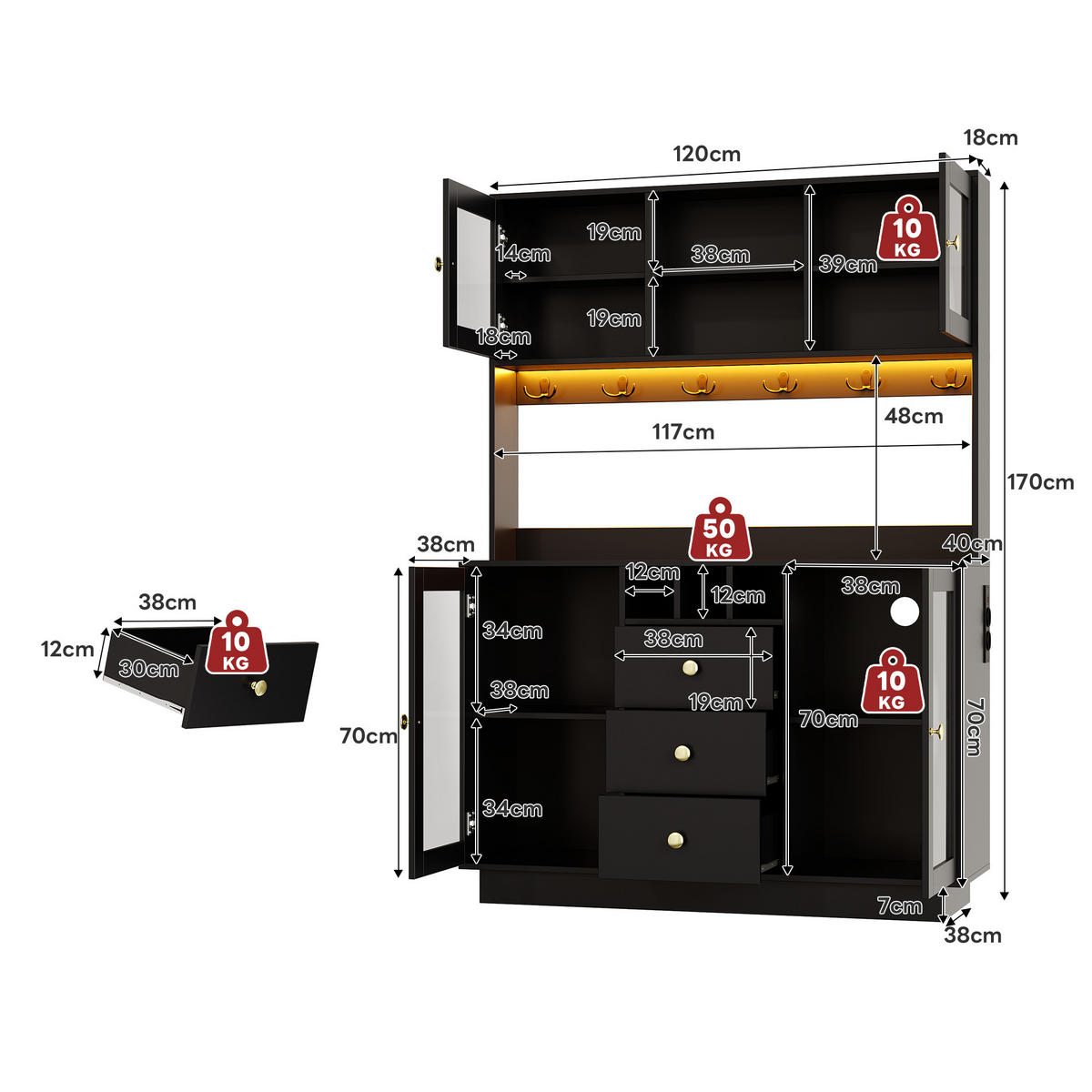 BUFFET DE-38726 120/40/170 cm LED-Beleuchtung und 3 Schubladen Schwarz/Gold - Schwarz, Holzwerkstoff (120/170/40cm) - ComfortXL