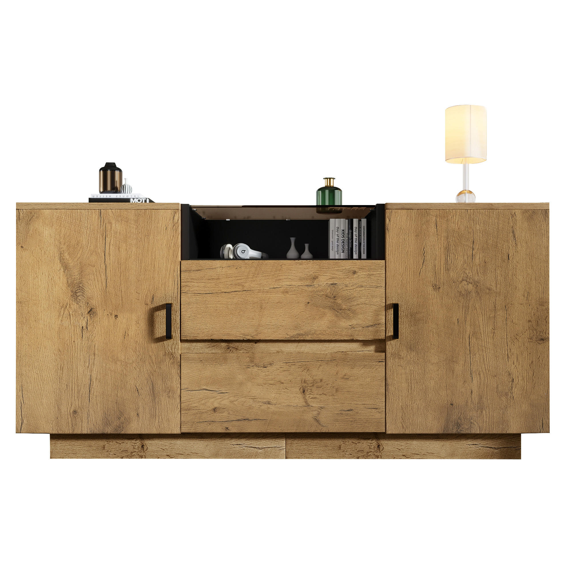 SIDEBOARD 140/40/70 cm Eiche aus Holzwerkstoff mit ESG-Glas und 2 Schubladen - Eichefarben, Glas (140/70/40cm) - OKWISH