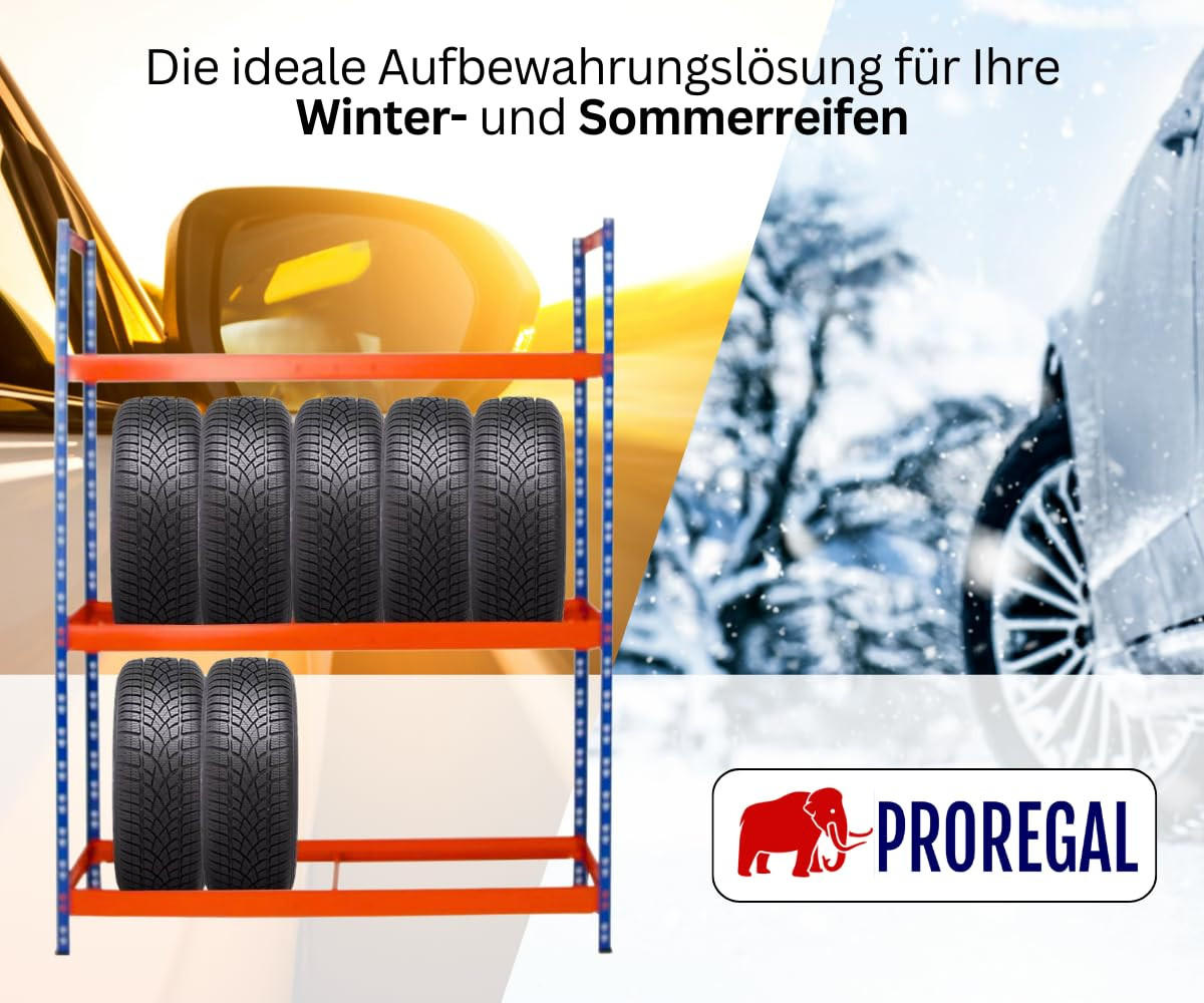 REIFENREGAL Tiger XL 200x180x45 cm 300 kg Fachlast bis zu 21 Reifen auf 3 Ebenen Blau/Orange - Blau/Orange, Metall (180/200/45cm) - PROREGAL