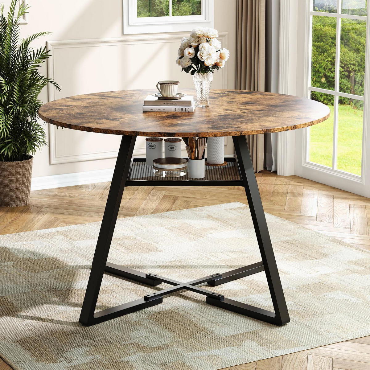ESSTISCH Rund Ø 120 cm Industrial Design mit Ablagefach, MDF & Metall Schwarz-Braun - Braun, Metall (120/120/75cm) - DELFA