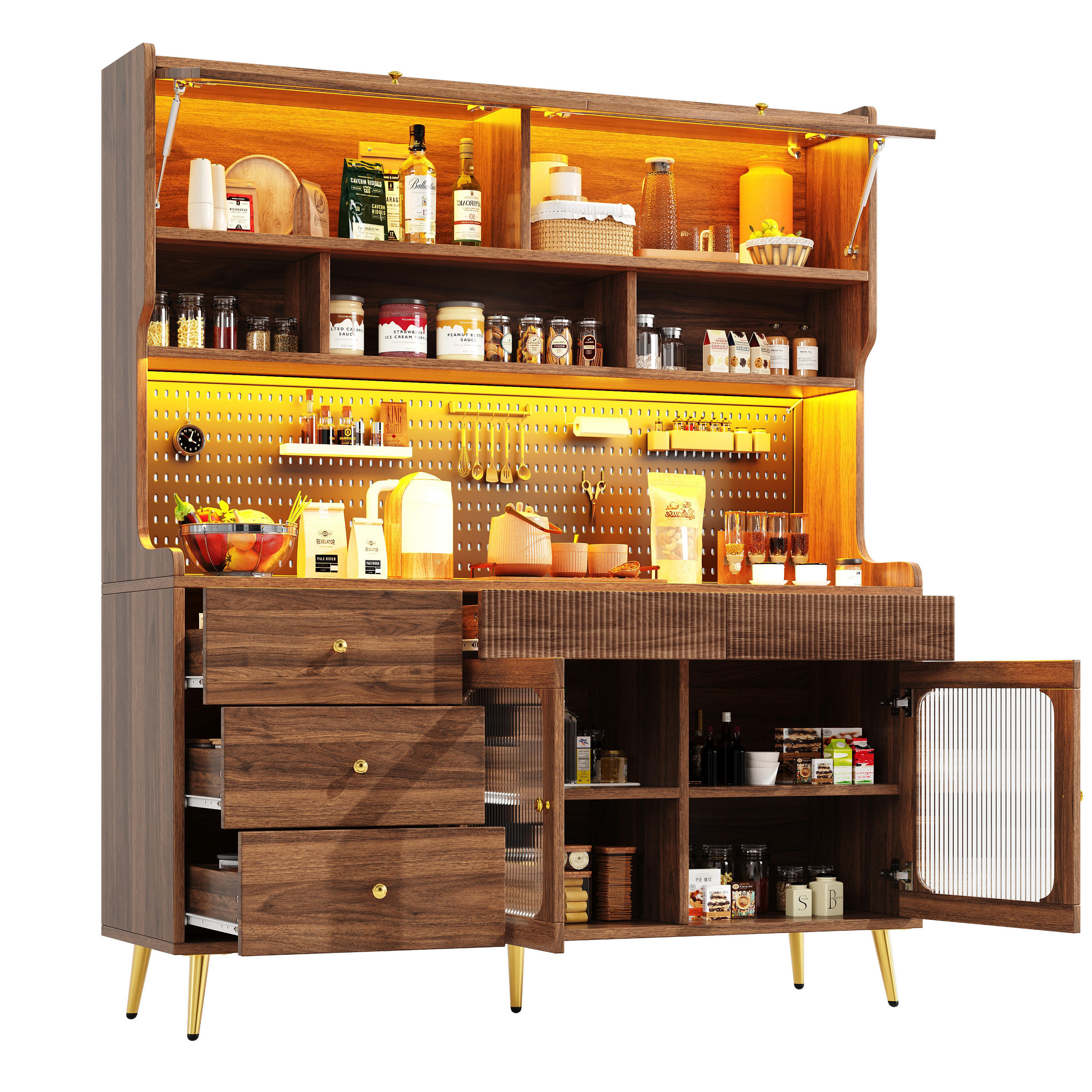 BUFFET 145/39/171 cm walnuss aus MDF und Glas mit LED - Walnussfarben, Holzwerkstoff (145/171/39cm) - OKWISH