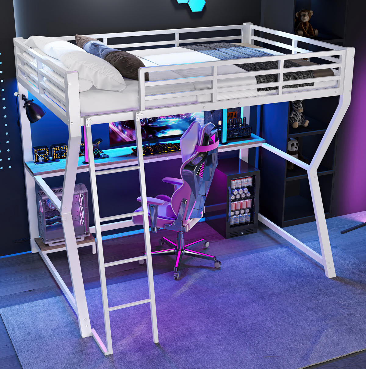HOCHBETT 90/200 cm aus Metall/MDF mit Schreibtisch, LED-Beleuchtung und USB-Steckdose Weiß - Weiß, Metall (90/200cm) - Modenvie