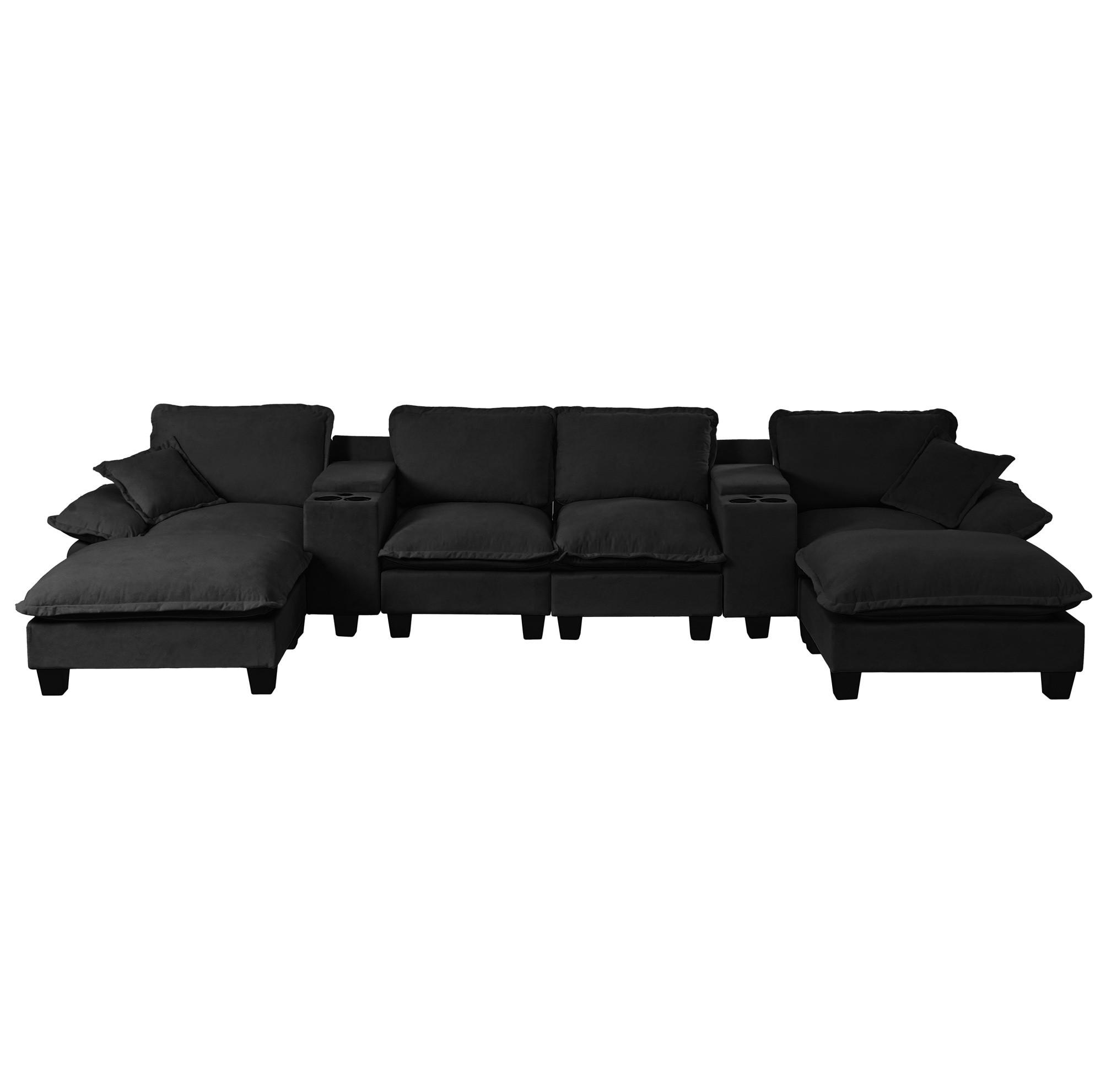 WOHNLANDSCHAFT aus Chenille 392x151x90 cm Schwarz mit USB-Anschluss, Stauraum, Getränkehaltern und 2 Ottomanen - Schwarz, Textil (392/90/151cm) - Modfu