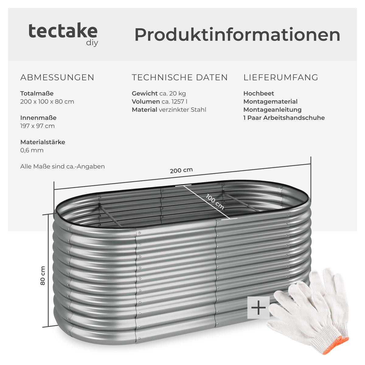 HOCHBEET Flormma,200 x 100 x 80 cm,silber - Silberfarben, Metall (200/80/100cm) - tectake