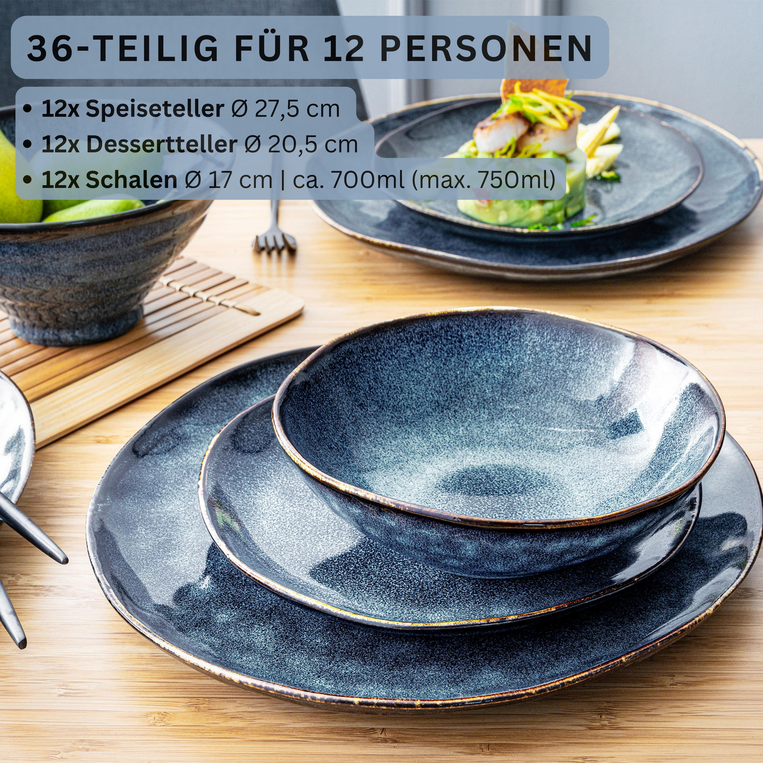 TAFELSERVICE TOKIO - 36 teilig aus Steingut 12 Personen - Dunkelblau, Stein (50/30/80cm) - Sänger