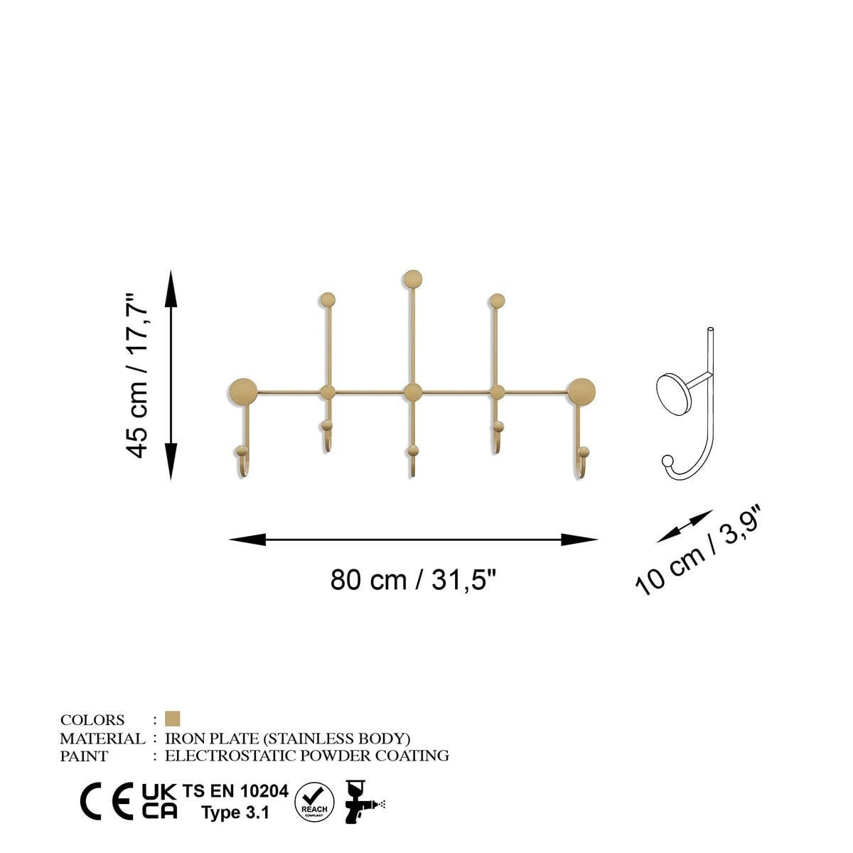 WANDGARDEROBE mit 8 Haken aus goldfarbenem Metall 80/10/45 cm - Goldfarben, Metall (10/45/10cm) - Calicosy