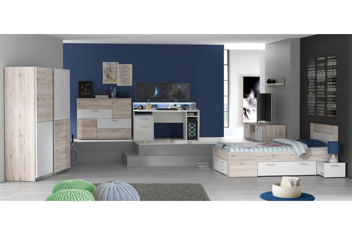 JUGENDZIMMER Steffie Gamingzimmer in Sandeiche und Weiß 5 teilig mit Gamingschreibtisch - Weiß, Holzwerkstoff (120/200/80cm)