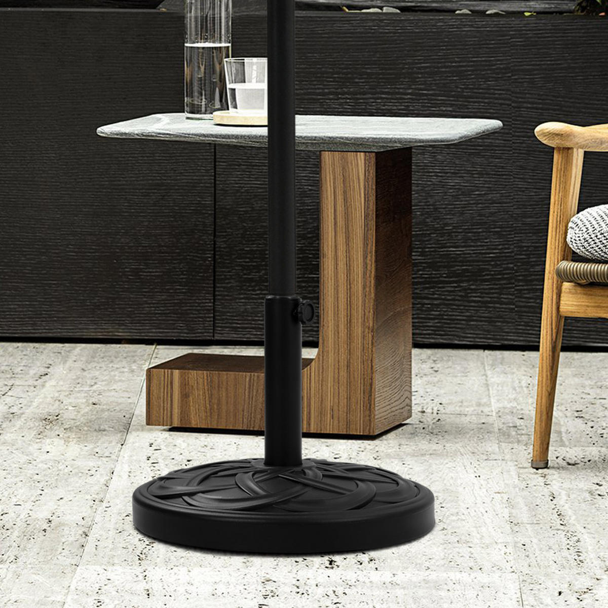 SONNENSCHIRMSTÄNDER Sonnenschirmfuß aus PE + Concrete Stahl in Rattanoptik Schwarz wetterfest und standfest ohne Befüllen Ø45 × 29,5 cm 20 kg - Schwarz, Metall (57/51cm) - Livingandhome