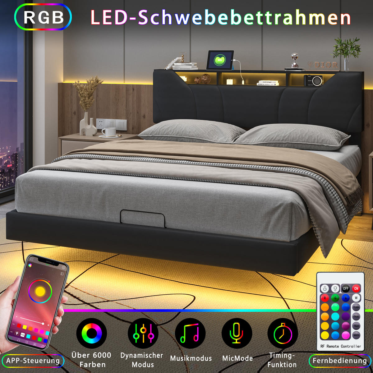 POLSTERBETT 160x200 cm, Schwarz, LED-Beleuchtung und USB - Schwarz, Textil/Metall (160/200cm)