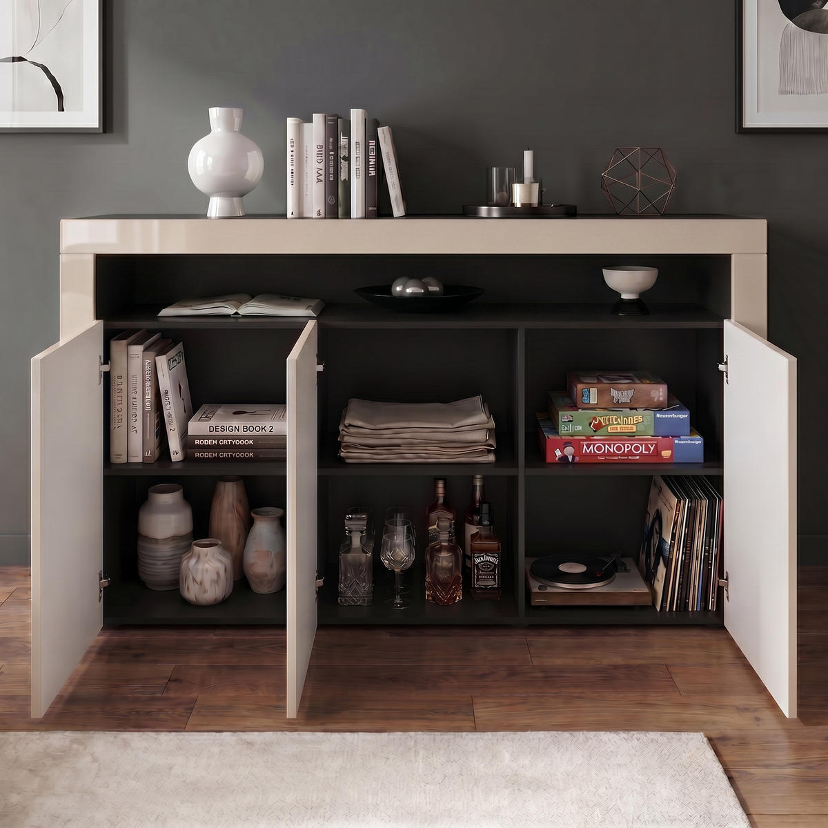 SIDEBOARD Valencia Creme Hochglanz / Creme Hochglanz - Creme, Holzwerkstoff (155/92/40cm) - Vladon