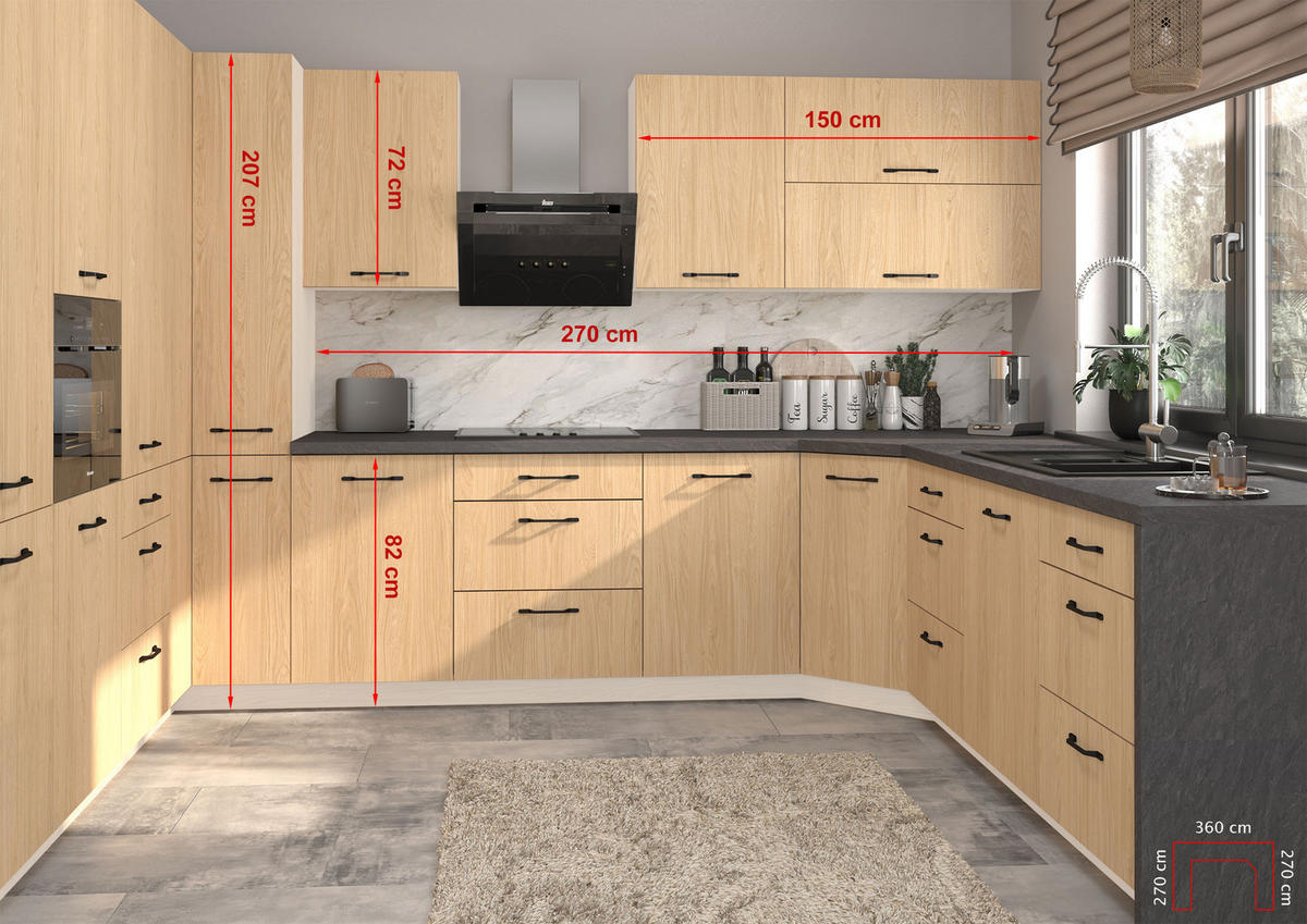 KÜCHENZEILE Casella 15-teilig Weiß / Casella Eiche Natur braun - Dunkelbraun/Weiß, Holzwerkstoff/Metall (360/207/270cm) - Feldmann-Wohnen