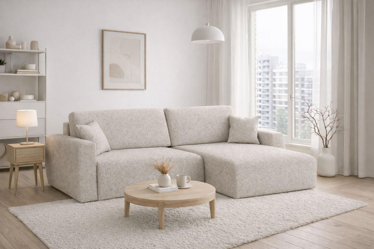 ECKSOFA Mit Schlaffunktion, Ariel XL, Chenille-Stoff, Stoff Artico, Nata, Rechts - Beige, Holz (280/142cm) - Kaiser Möbel