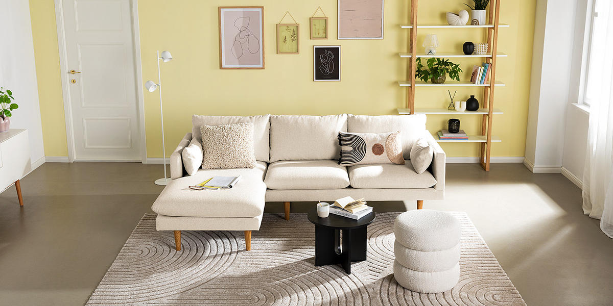 ECKSOFA mit Longchair - Webstoff - Beige/Buchefarben, Holz/Buchenholz (242/150cm) - home24