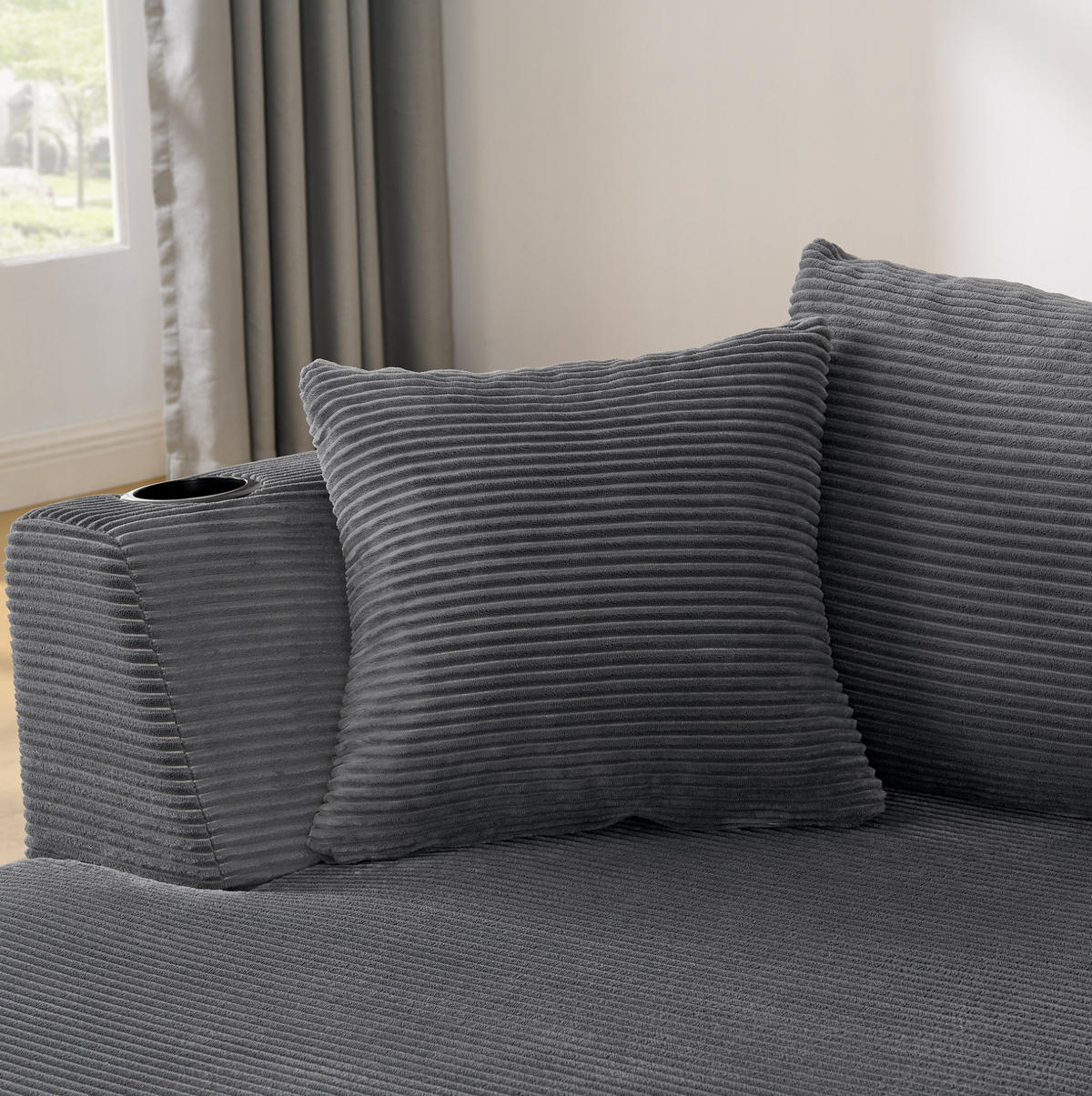 SOFA 3-Sitzer bogenförmig Kordstoff Grau mit Getränkehaltern - Grau, Textil (168/264cm) - Meubliv