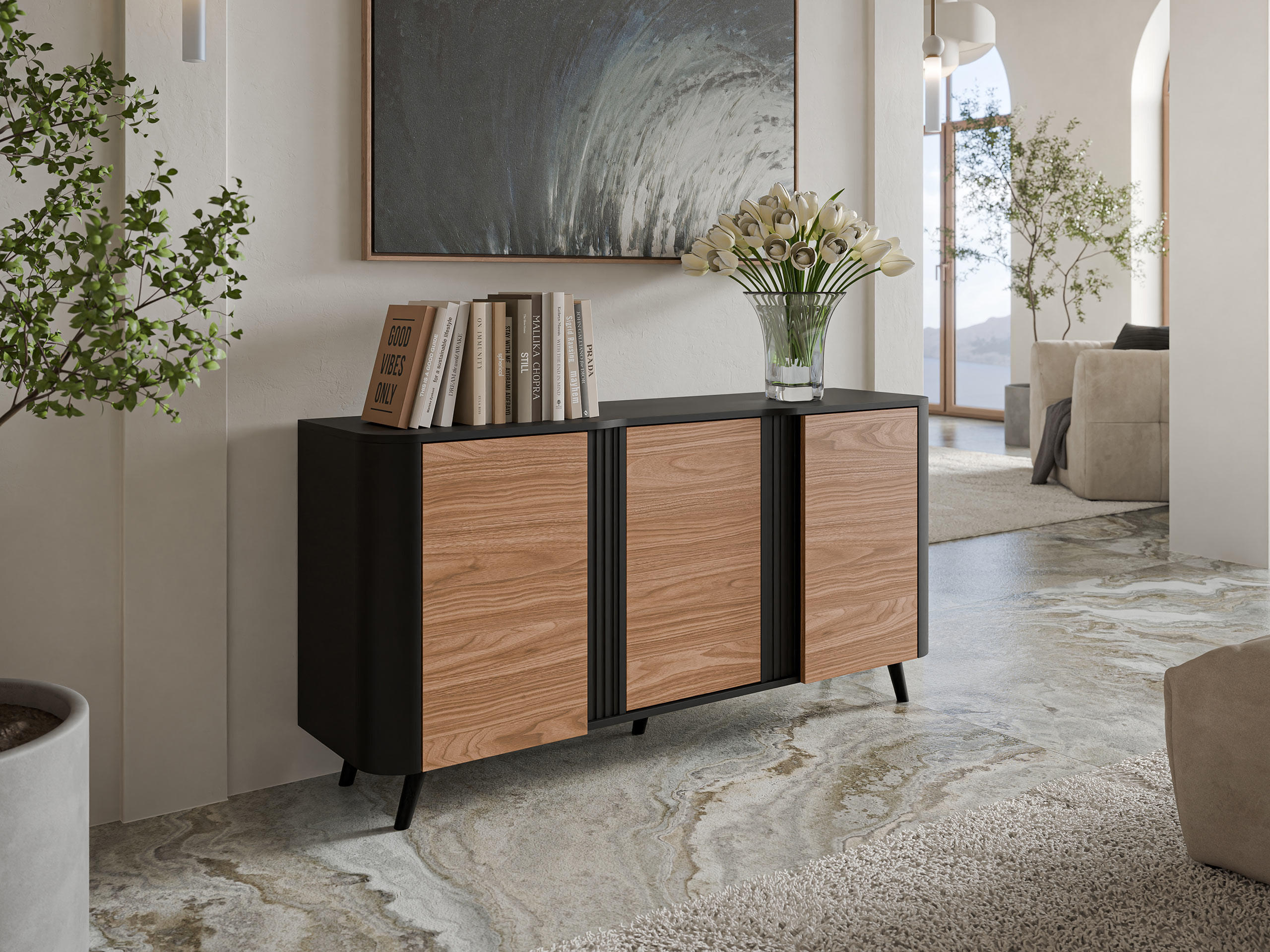 KOMMODE Volare 150 3D - Nussbaumfarben/Schwarz, Holzwerkstoff/Kunststoff (151/76/39cm) - MIRJAN24