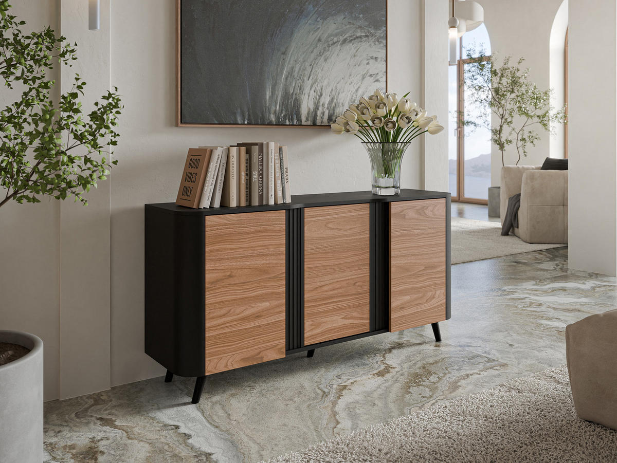 KOMMODE Volare 150 3D - Nussbaumfarben/Schwarz, Holzwerkstoff/Kunststoff (151/76/39cm) - MIRJAN24