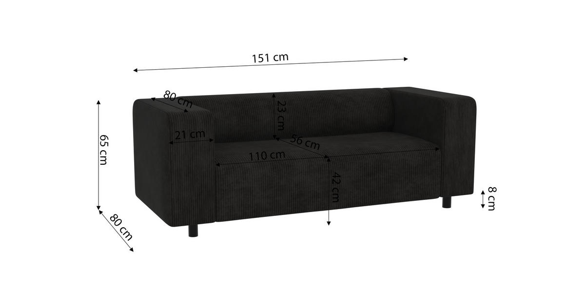 SITZGARNITUR 3+2+1 Tove Schwarz Cord - Schwarz, Holz/Kunststoff (175/65/80cm) - S-Style Möbel