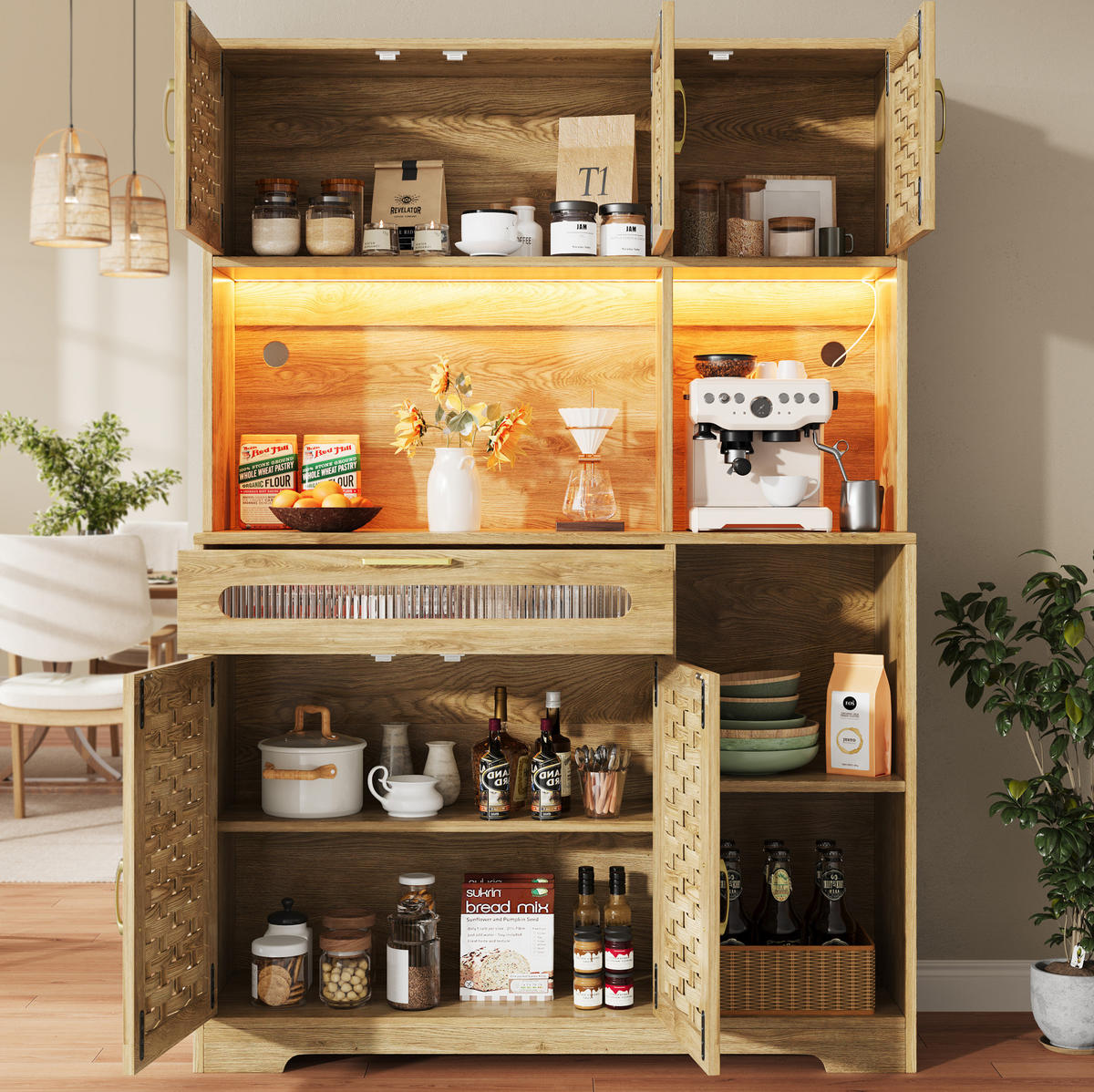 ANRICHTE Hochschrank 120/40/180 cm aus MDF Glas und Metall mit LED-Beleuchtung Natur - Naturfarben, Holzwerkstoff (120/180/40cm) - Modenvie