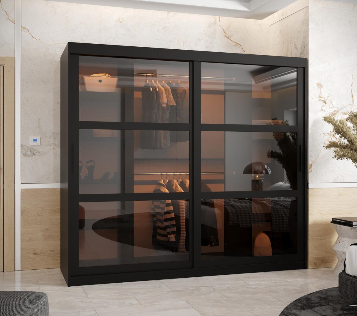 SCHWEBETÜRENSCHRANK 200/200/62 2-türig - Schwarz, Holz/Kunststoff (200/200/62cm) - Abiks Möbel