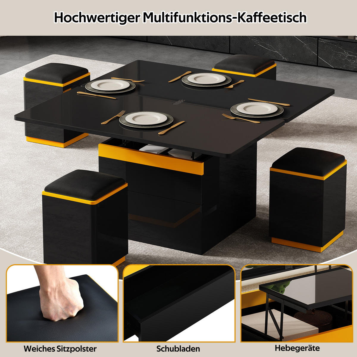 COUCHTISCH 100/50/43 cm höhenverstellbar und klappbar aus MDF und Holzwerkstoff mit Stauraum und 4 Hockern, Schwarz/Gelb - Schwarz, Holzwerkstoff (100/50/43cm) - Modfu