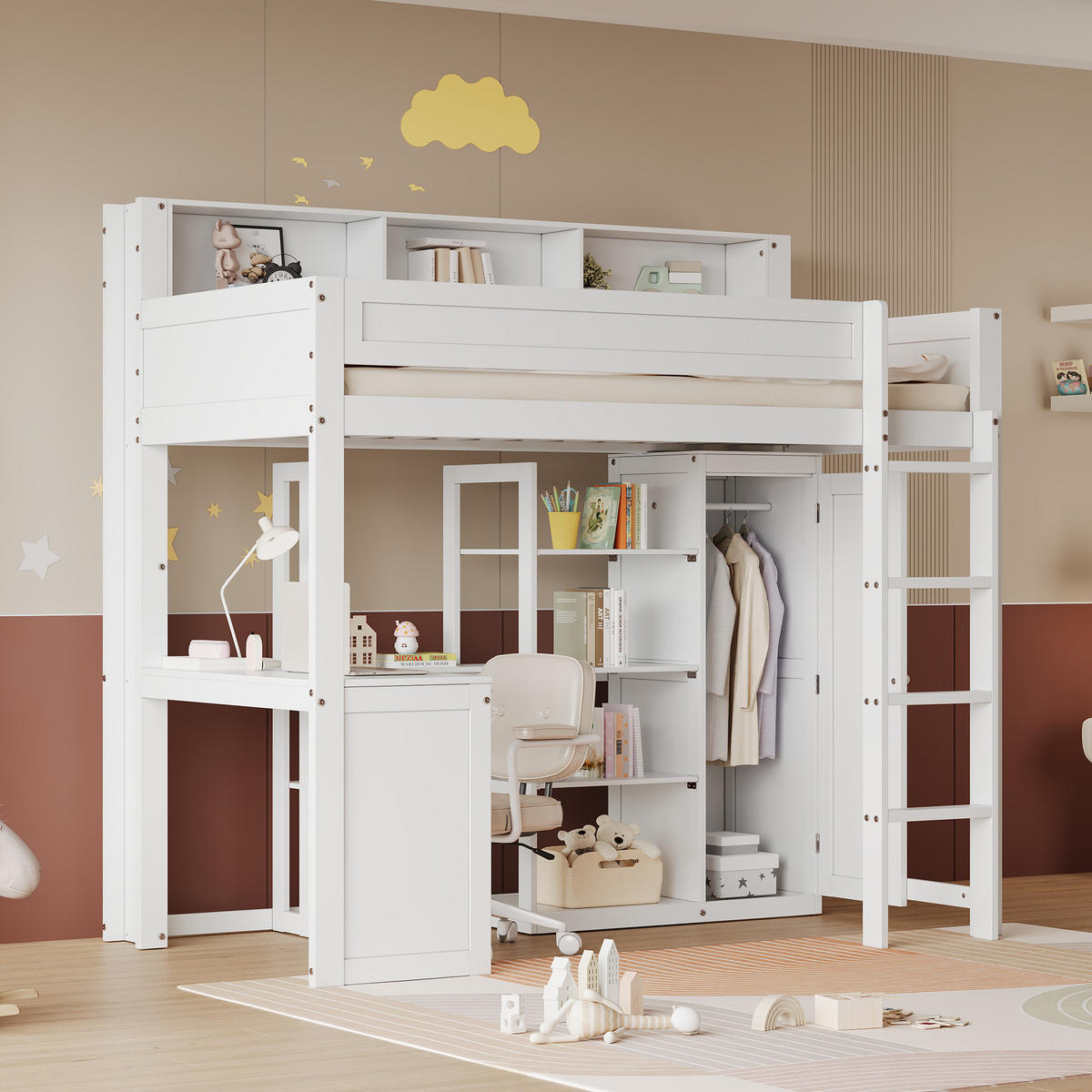 ETAGENBETT 90/200 cm in Weiß mit Regal, Tisch und Kleiderschrank - Weiß, Holz/Holzwerkstoff (90/200cm) - WISHDOR