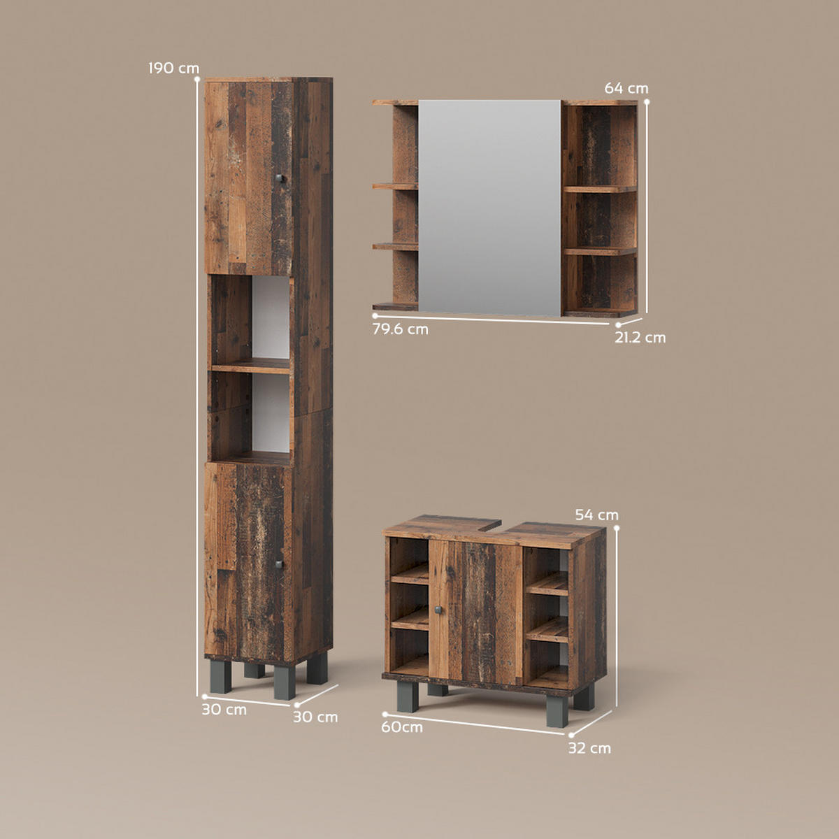 BADMÖBEL-SET Fucino Eiche rustikal 3 Teile, mit Hochschrank - Wildeiche, Holzwerkstoff (60/54/32cm) - Livinity®