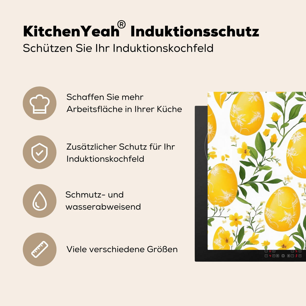 HERDABDECKPLATTE Blumen - Ostereier - Gelb Herdabdeckung Induktionsfeld 65x52 cm - Gelb, Kunststoff (65/52/0.2cm) - MuchoWow
