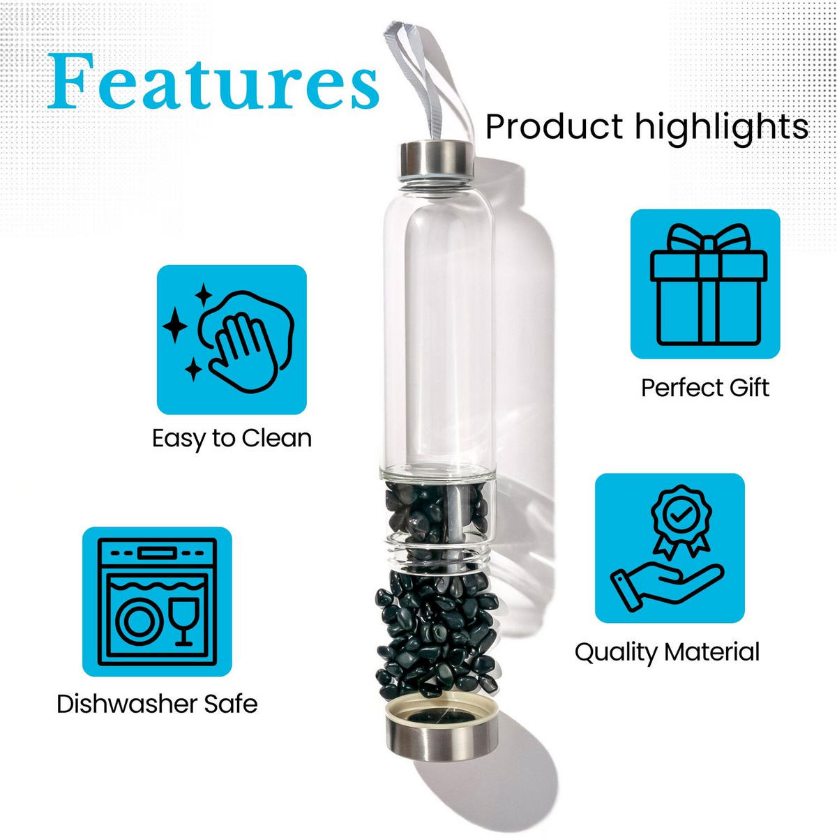 WASSERFLASCHE mit Heilsteinen und Tasche 400ml - Schwarz, Glas (0.4L) - Intirilife