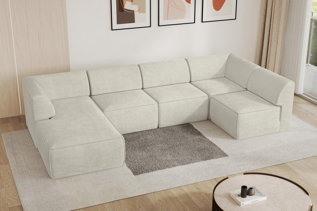 WOHNLANDSCHAFT Ottomane Links MOVO-L 345x180x78 cm Cream Cord - Creme, Holzwerkstoff/Kunststoff (345/78/180cm) - ALTDECOR