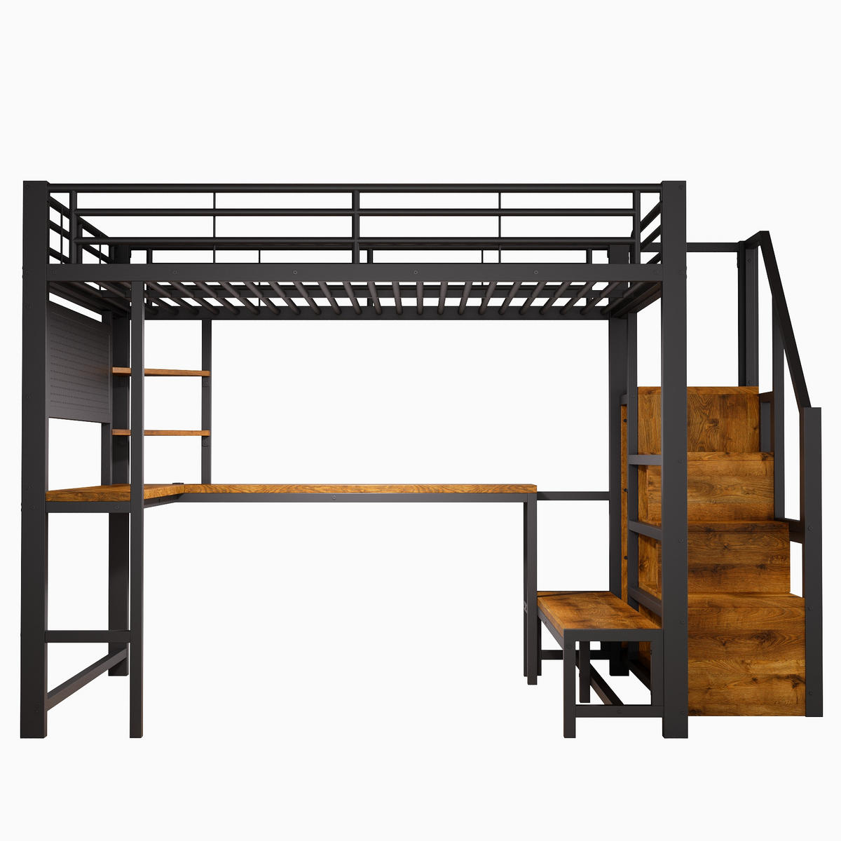 HOCHBETT 140/200 cm Schwarz mit Schreibtisch, trapezförmiger Schrank und LED-Beleuchtung - Schwarz, Metall (140/200cm) - Oxeza