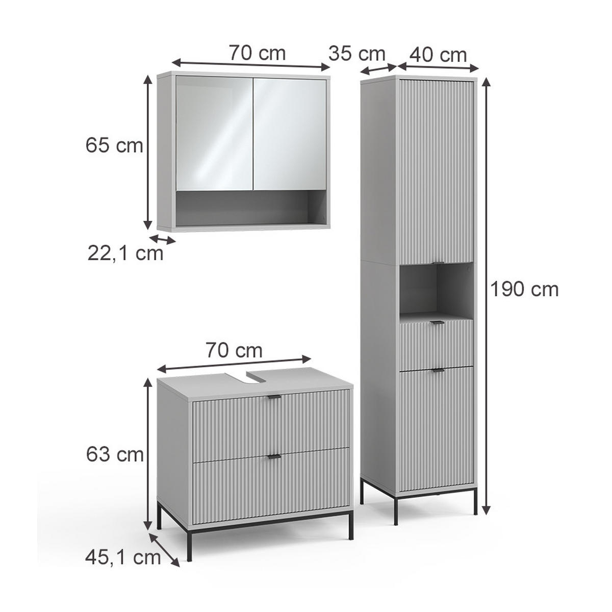 BADMÖBEL-SET Eliza Grau 3 Teile - Grau, Holzwerkstoff (70/63/45.1cm) - Vicco
