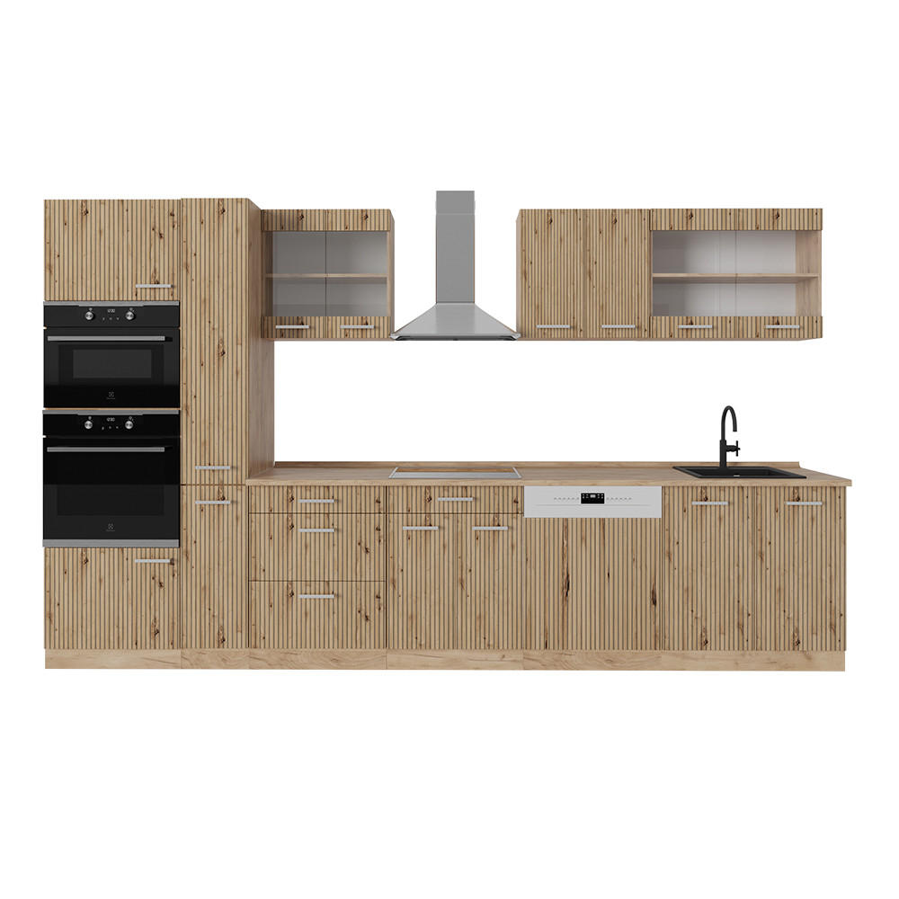 KÜCHENZEILE R-Line Artisan-Eiche/Goldkraft Eiche 350 cm mit Hochschrank AP Eiche - Eiche Wotan/Eiche Artisan, Holzwerkstoff (350/81.6/60cm) - Vicco