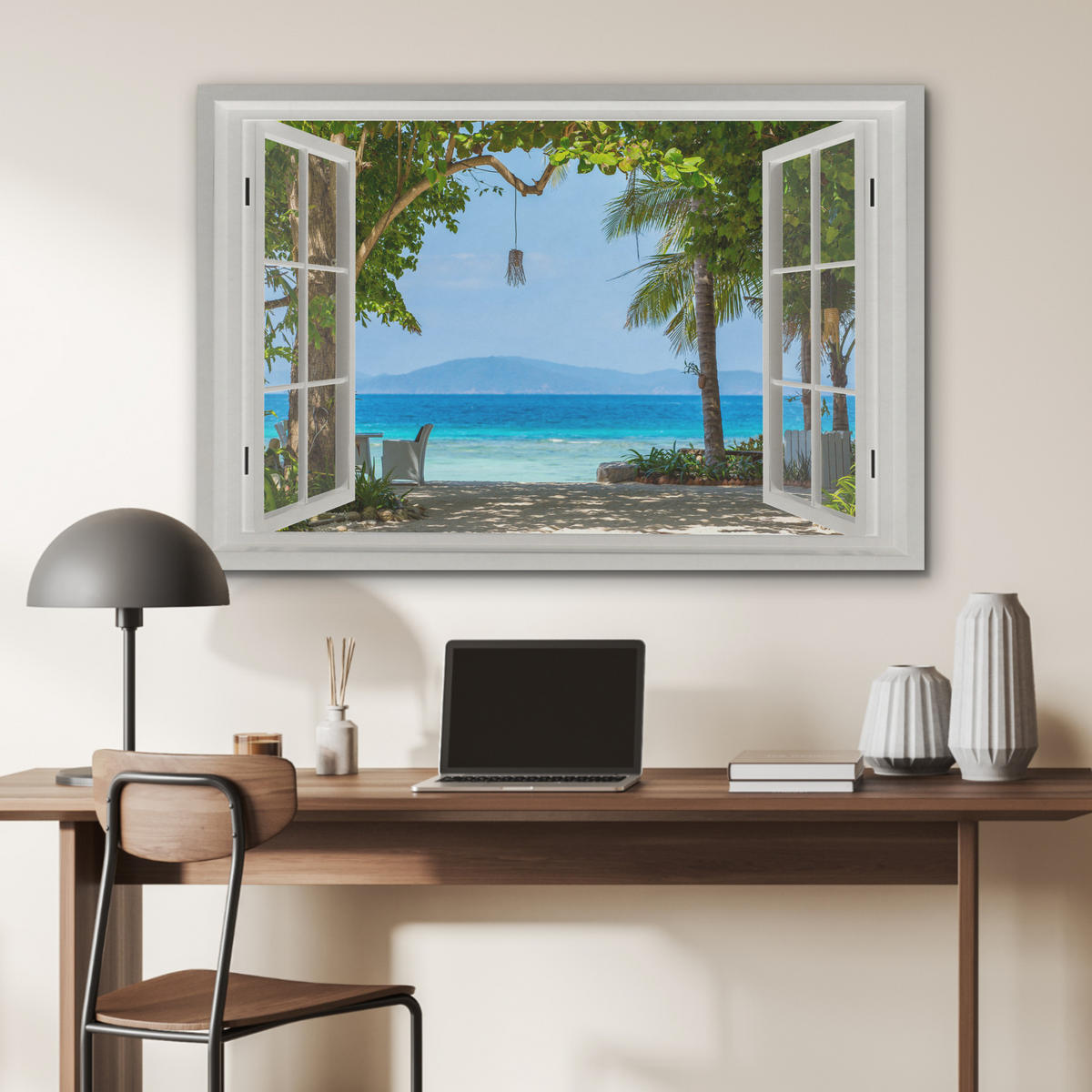 AKUSTIKBILD Aussicht - Baum - Meer - Palme - Hügel - Strand - Blau Akustikpaneele 90x60 cm - Blau, Kunststoff (90/60/0.9cm) - MuchoWow
