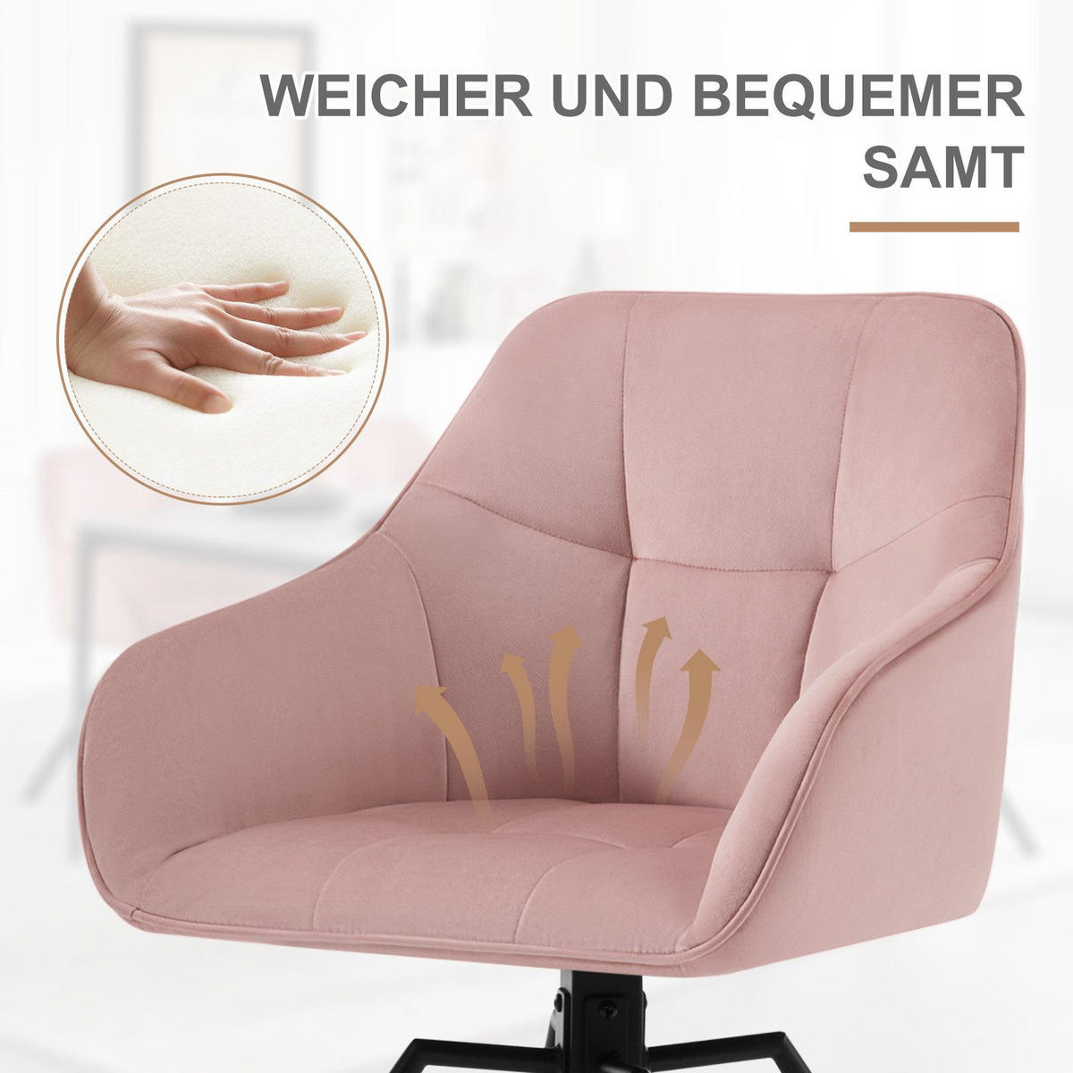 ARMLEHNSTUHL drehbar mit Samtbezug - Schwarz/Rosa, Textil/Metall (57/82.5/54cm) - Woltu