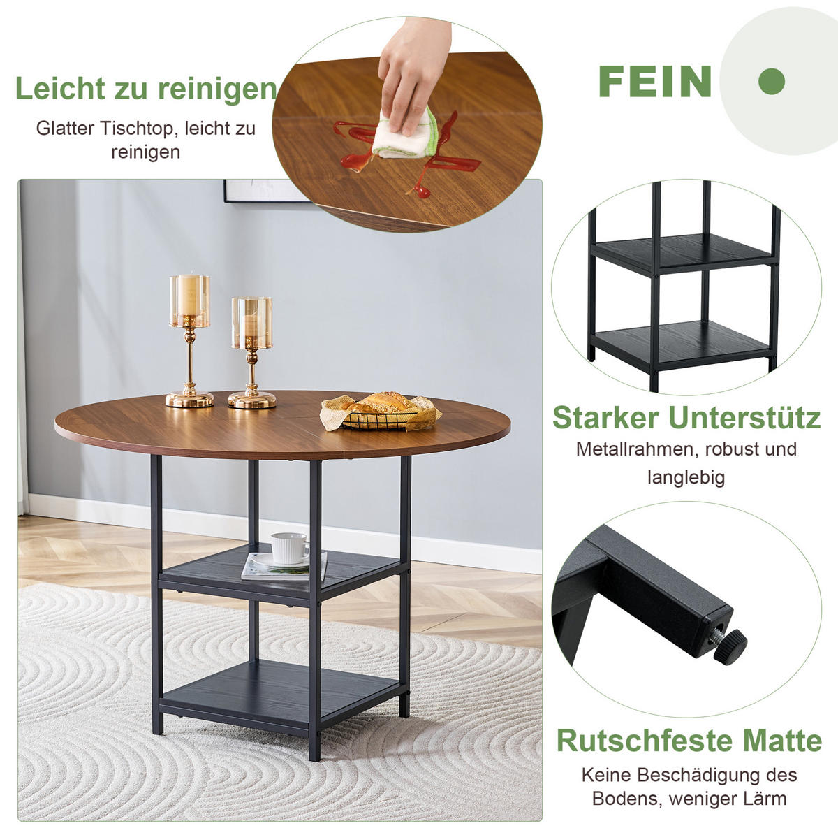ESSTISCH 107/107/75 cm mit doppelter offener Ablage und Metallgestell, Schwarz/Walnuss - Schwarz, Holzwerkstoff (107/107/75cm) - Redom
