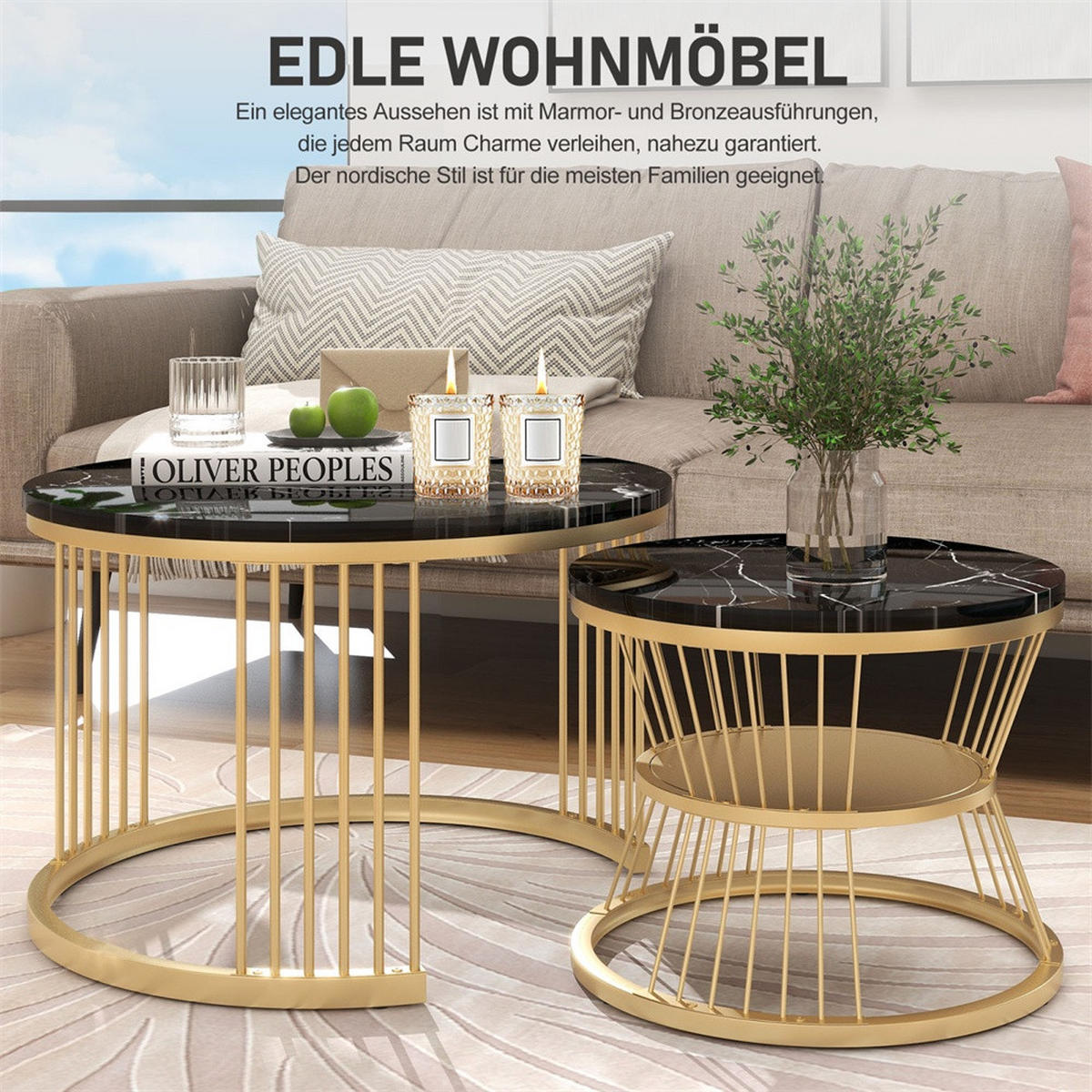 COUCHTISCH 2er Set - Runder Couchtisch 70 cm & 45 cm - Ineinander Schiebbar Marmoroptik - Gold & Schwarz - Schwarz, Holzwerkstoff (70/70/45.5cm) - DELFA
