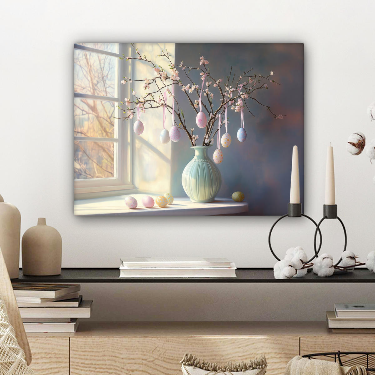 LEINWANDBILD Stillleben - Vase - Osterzweig Wandbild 40x30 cm - Hellblau, Textil (40/30cm) - MuchoWow