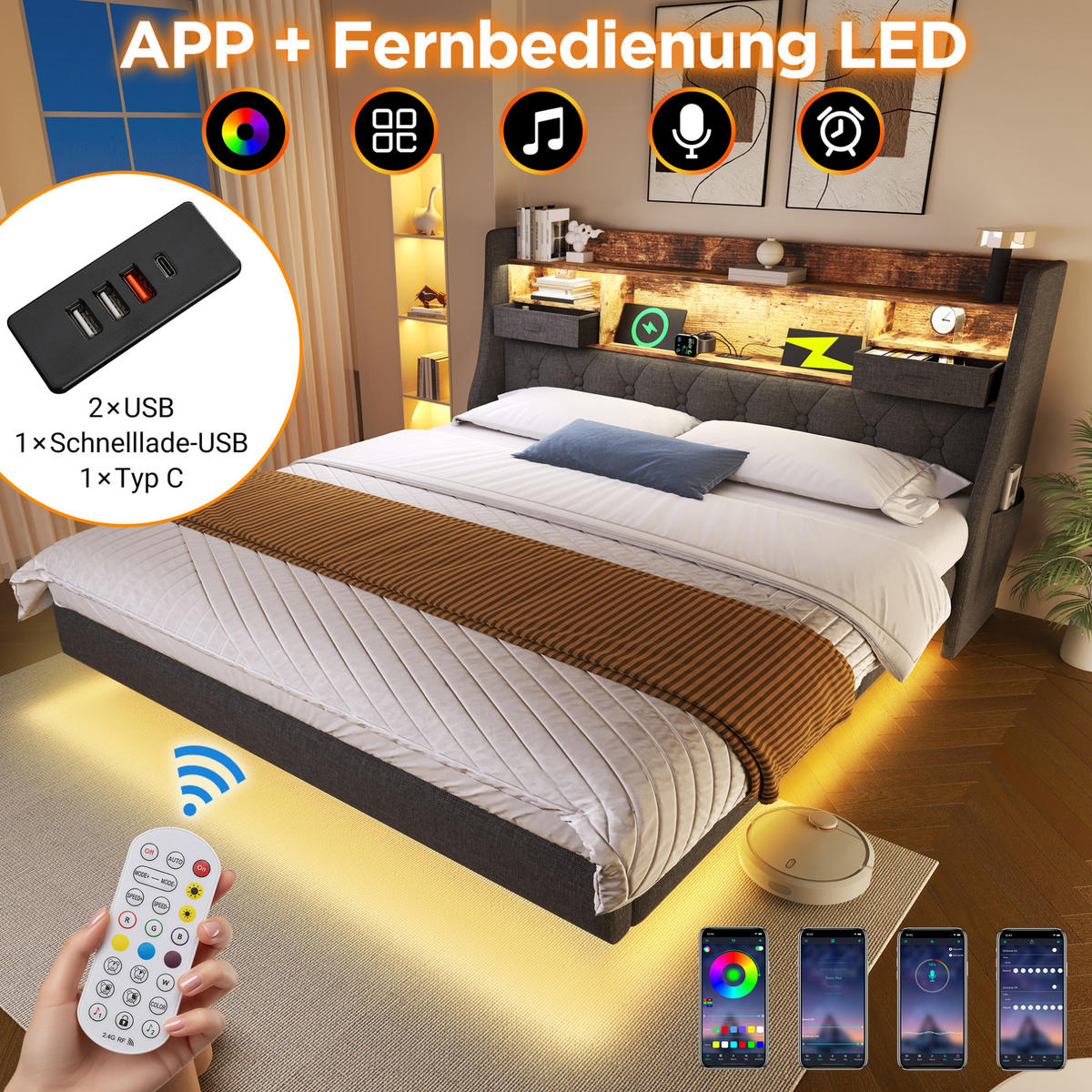 POLSTERBETT 160/200 cm Grau aus Leinen mit LED und Ladestation - Grau, Textil (160/200cm) - OKMYHOME