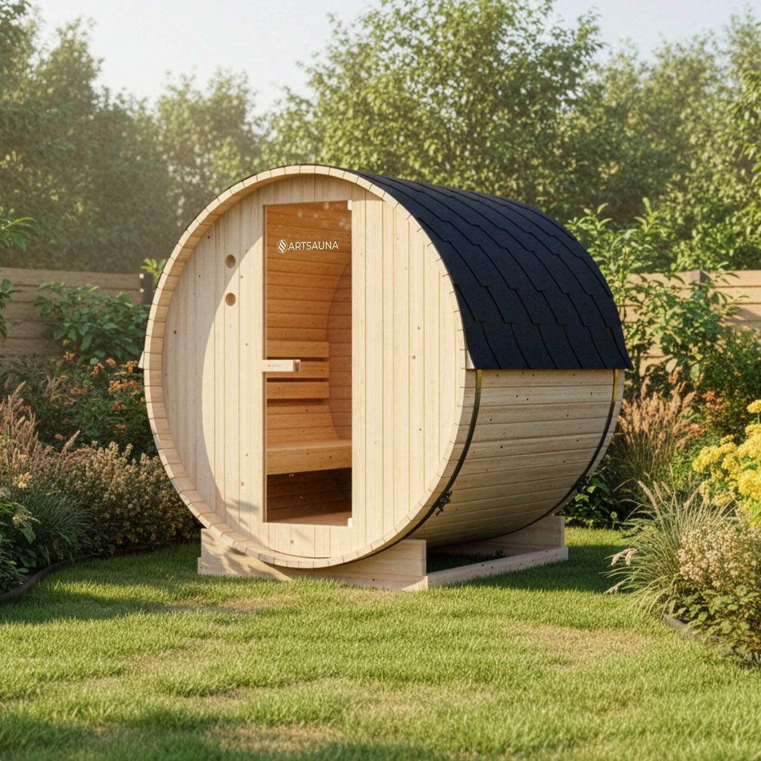 FASSSAUNA Spitzbergen 180 cm mit 6 kW Saunaofen (4 Personen) - Naturfarben, Holz (191/193/180cm) - Artsauna