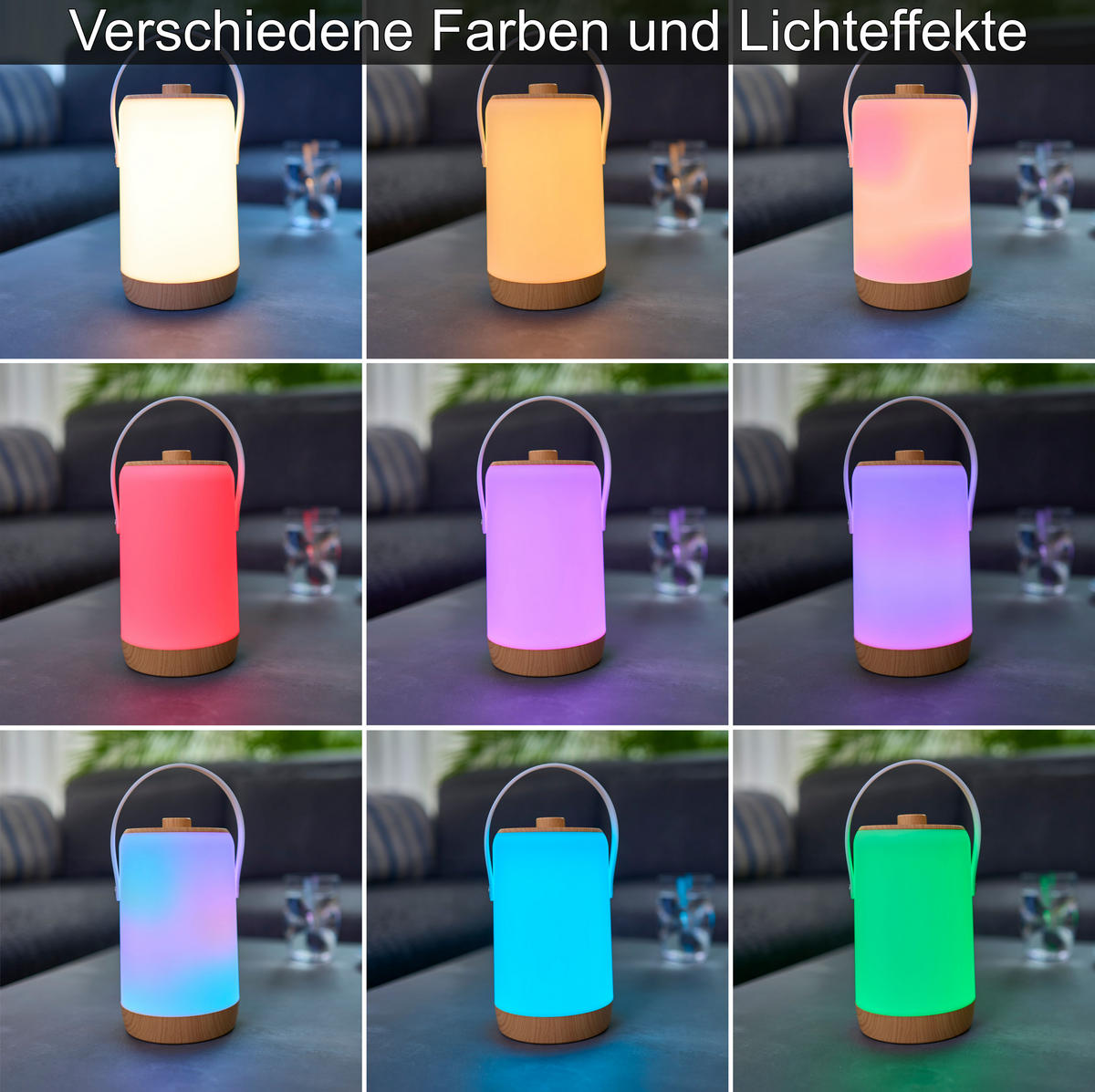 LED-AKKU-LATERNE - dimmbar mit warmweißem und buntem RGB-Licht, Soundsensor und Holzhenkel für Garten und Terrasse, 1er-Set - Weiß, Kunststoff (10.3/10.3/17.3cm) - Northpoint