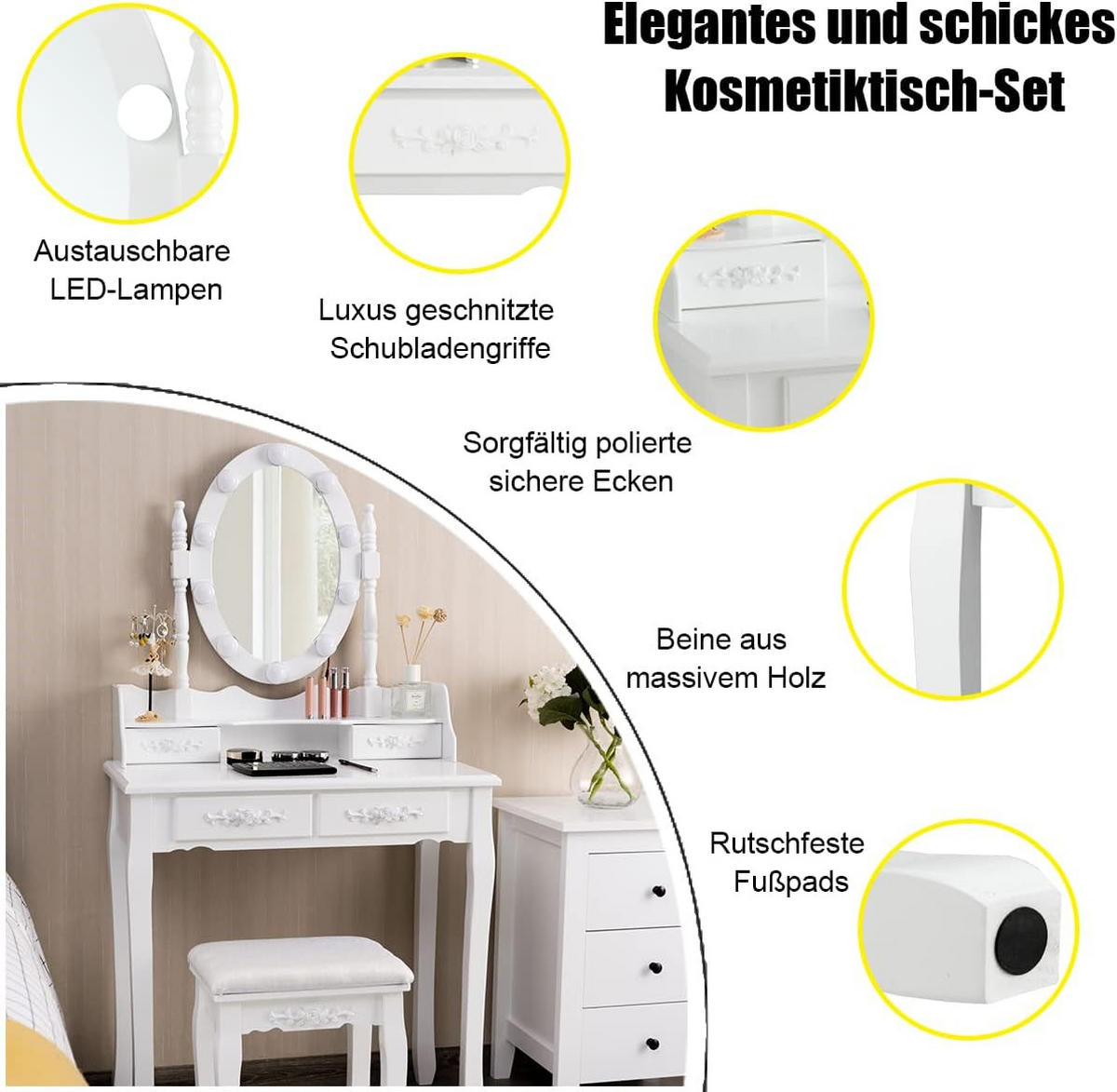 SCHMINKTISCH set mit 10 LED-Leuchten Weiß - Weiß, Holz (75/145/40cm) - COSTWAY