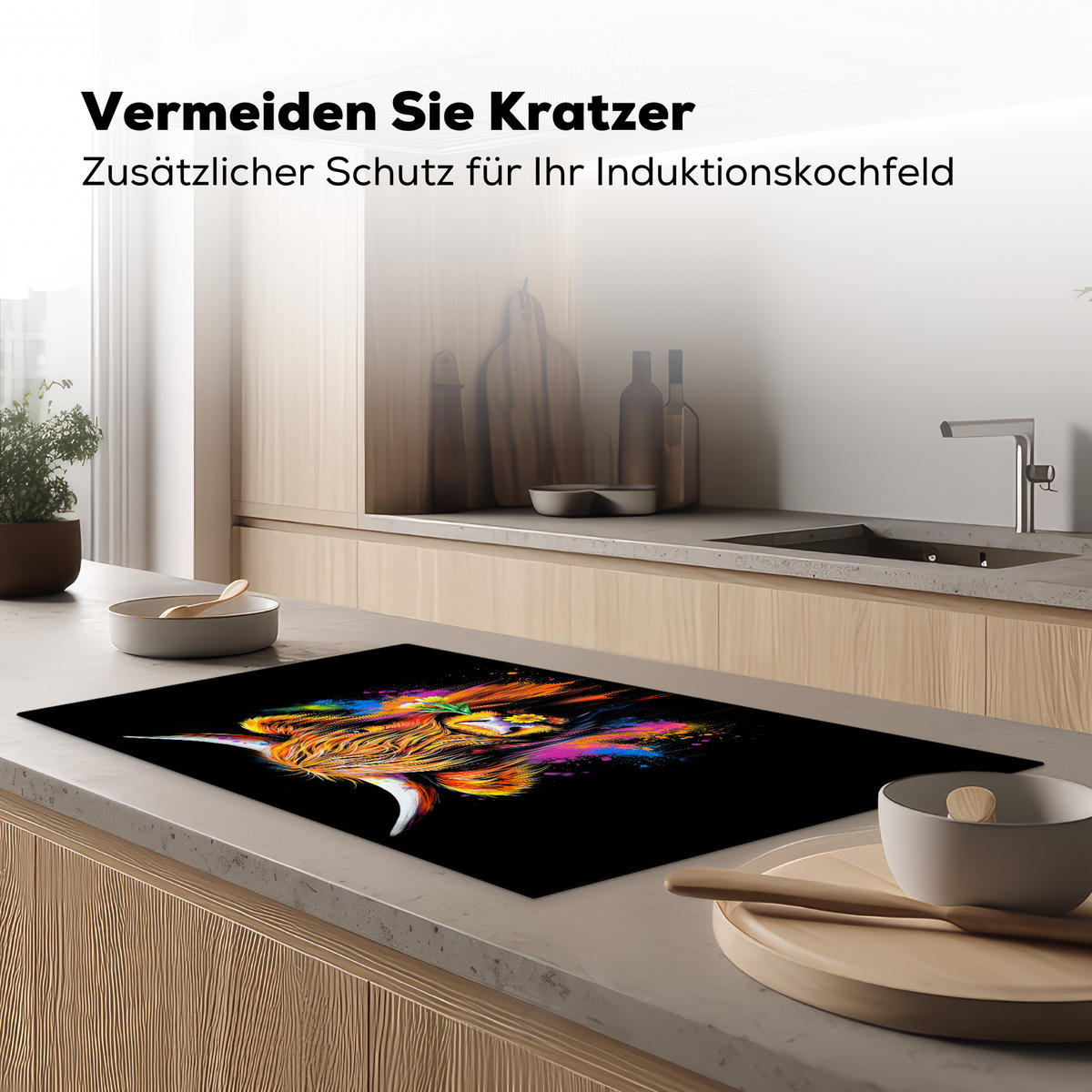 HERDABDECKPLATTE Schottischer Highlander - Graffiti - Bunt - Blume - Tiere Induktionsschutz 91.2x52 cm - Multicolor, Kunststoff (91.2/52/0.2cm) - MuchoWow