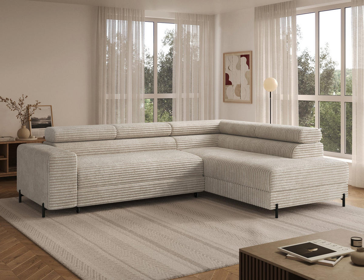 ECKSOFA COLESIO L-Form, Schlaffunktion, Bettkasten, verstellbare Kopfstützen, Wellenfederung, Metallfüße, breiter Cordstoff - Creme/Schwarz, Kunststoff/Metall (204/269cm) - Wohnideebilder