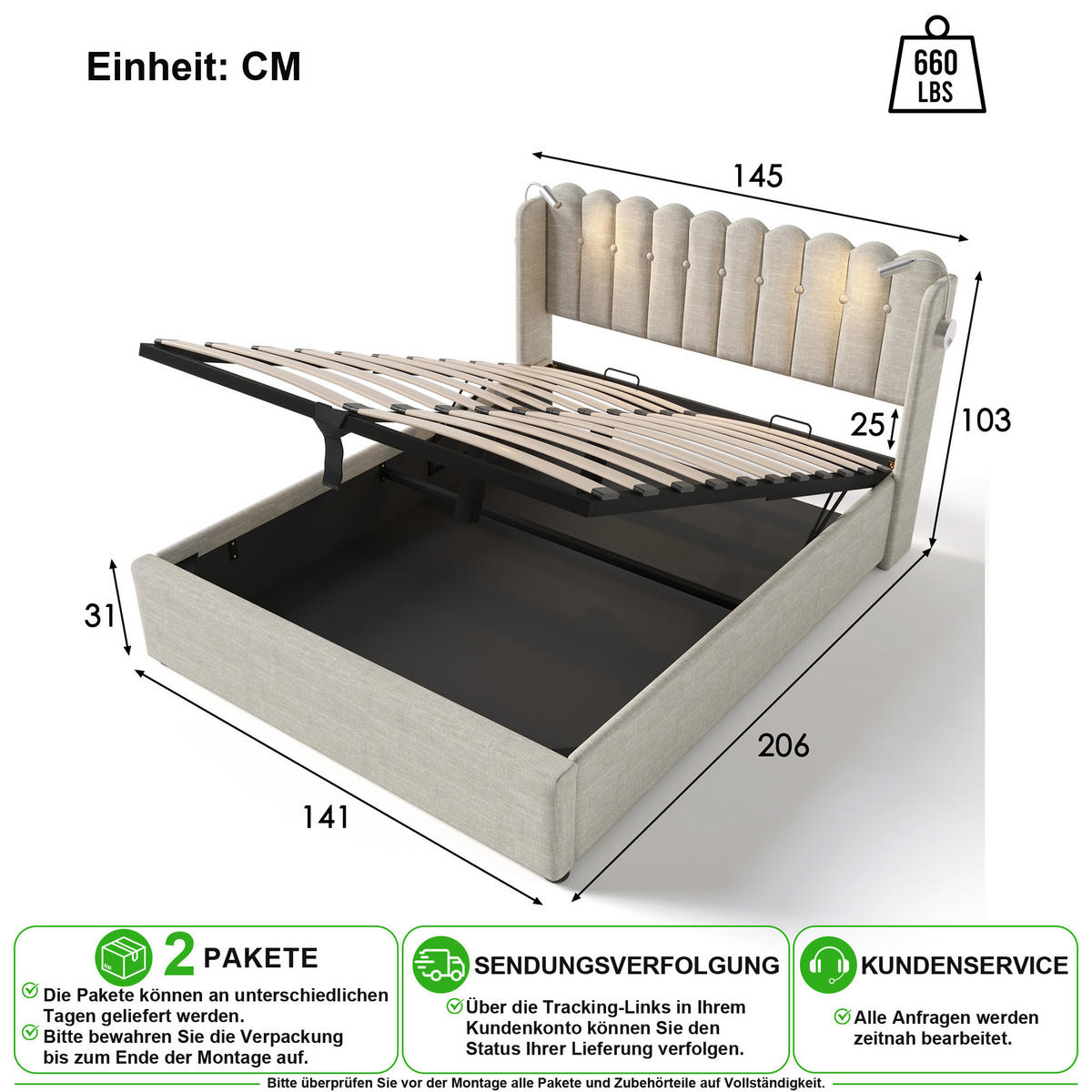 ČALOUNĚNÁ POSTEL 140/200 cm v přírodní barvě s úložným prostorem, čtecím světlem a USB z lnu - přírodní, kov/kompozitní dřevo (140/200cm) - CHICFURN