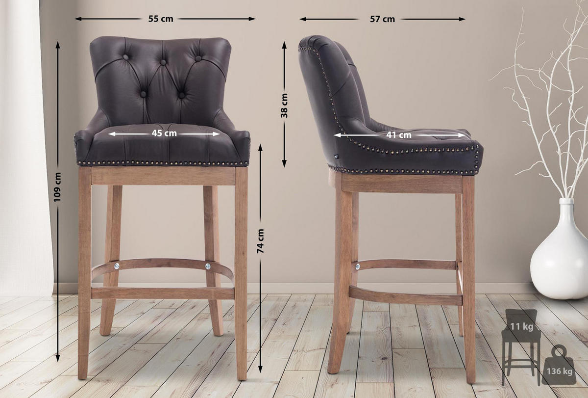 BARHOCKER Echtleder braun - Naturfarben/Braun, Leder/Holz (55/109/57cm) - CLP